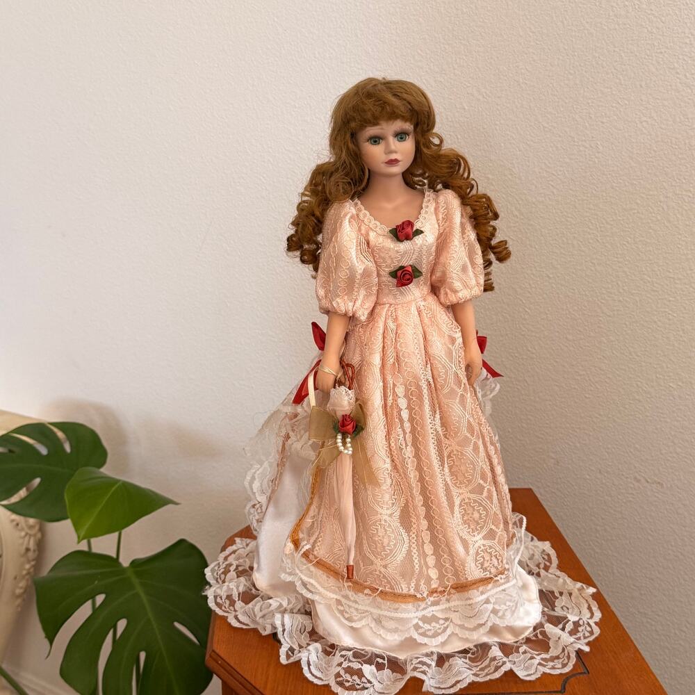 Vintage 18” Porcelain Doll in Pink Lace Dress with Curly Brown Hair & Stand